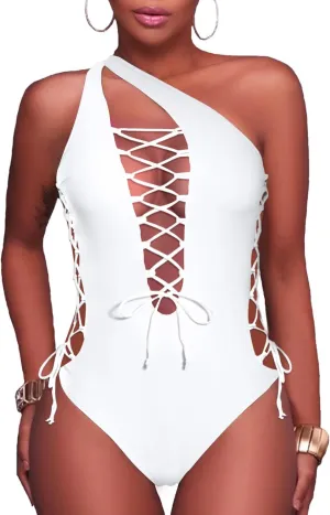 Holipick Women Sexy One Piece Swimsuit One Shoulder Bathing Suit Lace Up Swimwear Monokini