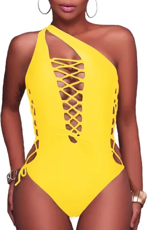 Holipick Women Sexy One Piece Swimsuit One Shoulder Bathing Suit Lace Up Swimwear Monokini