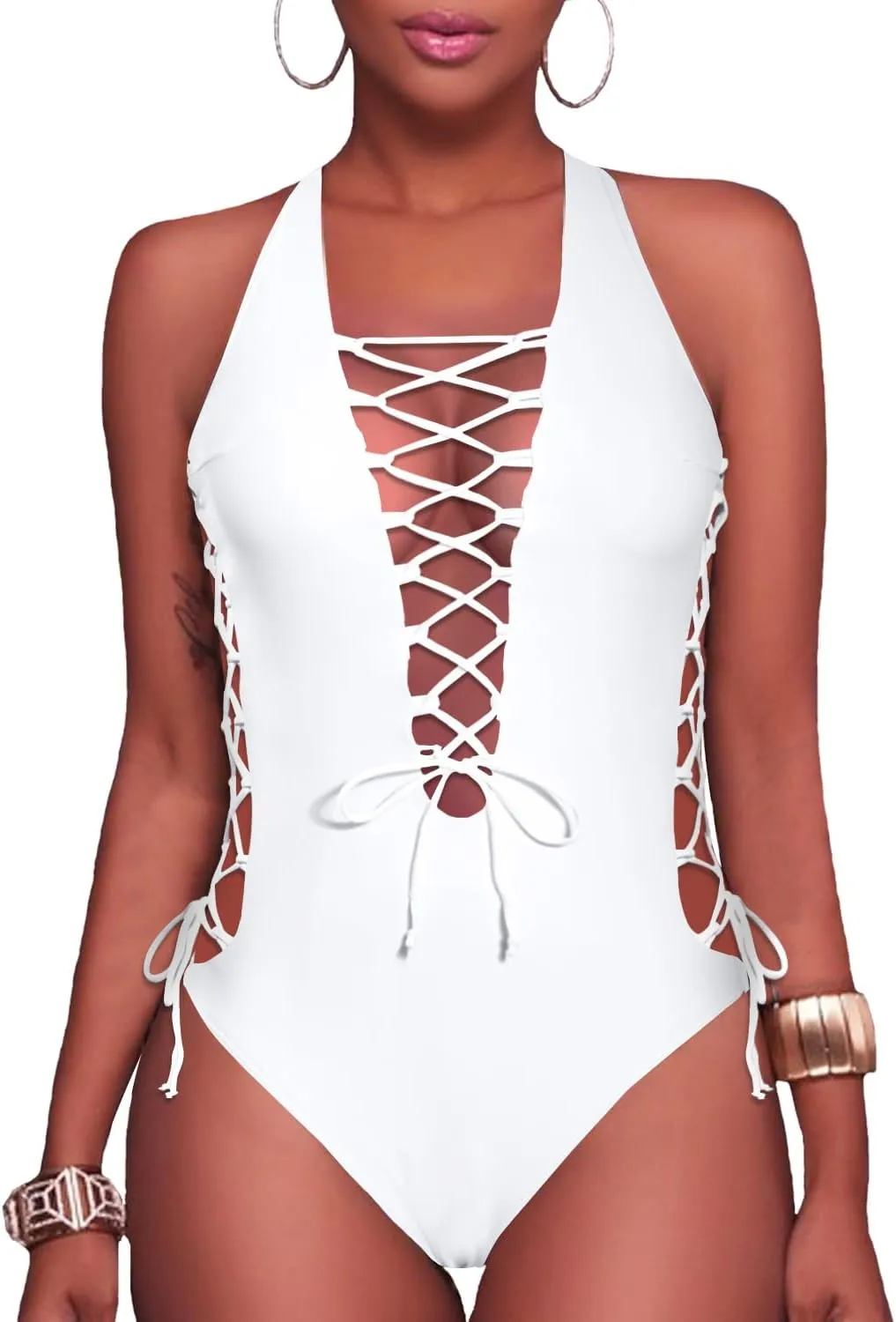 Holipick Women Sexy One Piece Swimsuit One Shoulder Bathing Suit Lace Up Swimwear Monokini