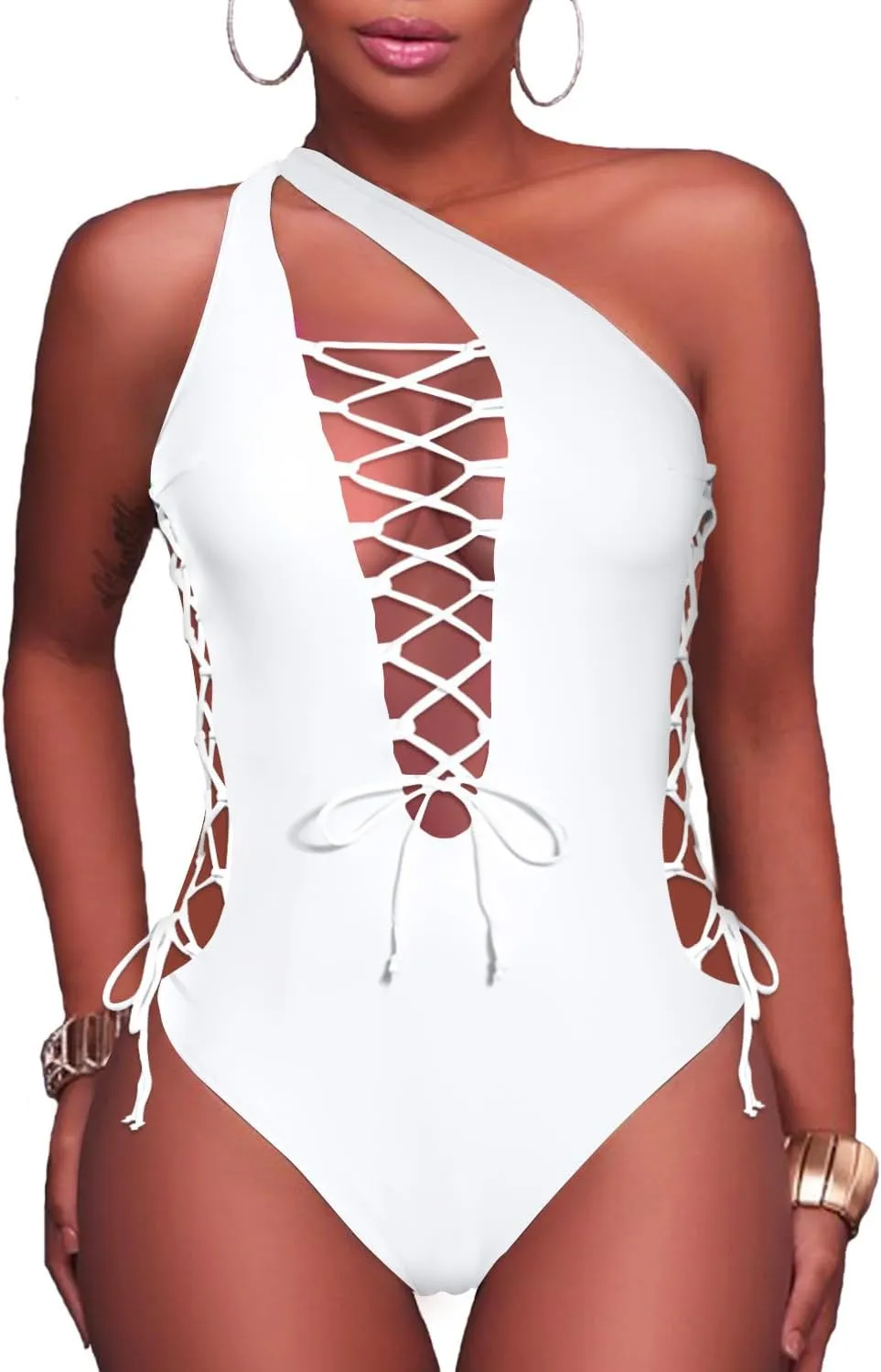 Holipick Women Sexy One Piece Swimsuit One Shoulder Bathing Suit Lace Up Swimwear Monokini