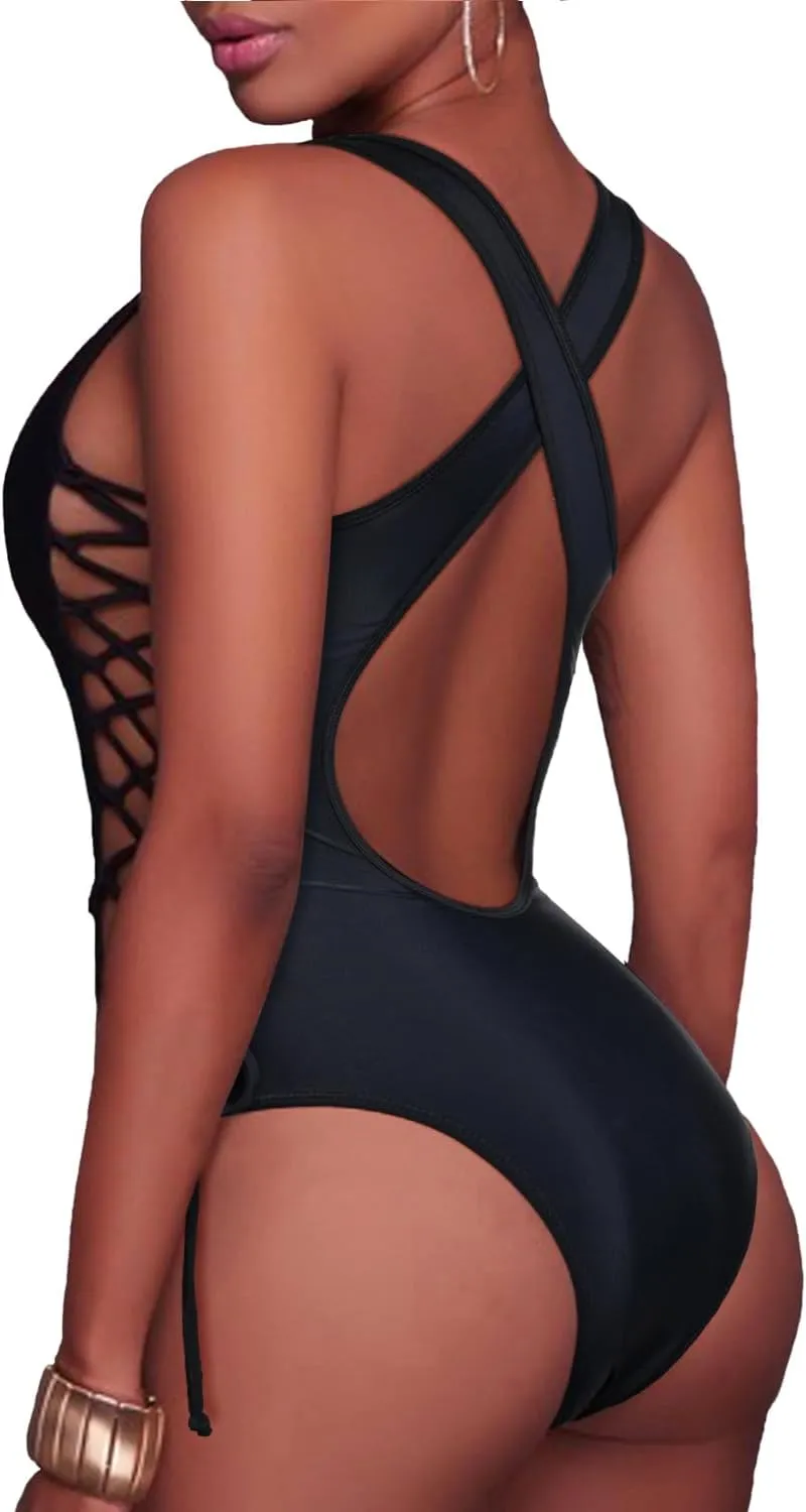Holipick Women Sexy One Piece Swimsuit One Shoulder Bathing Suit Lace Up Swimwear Monokini