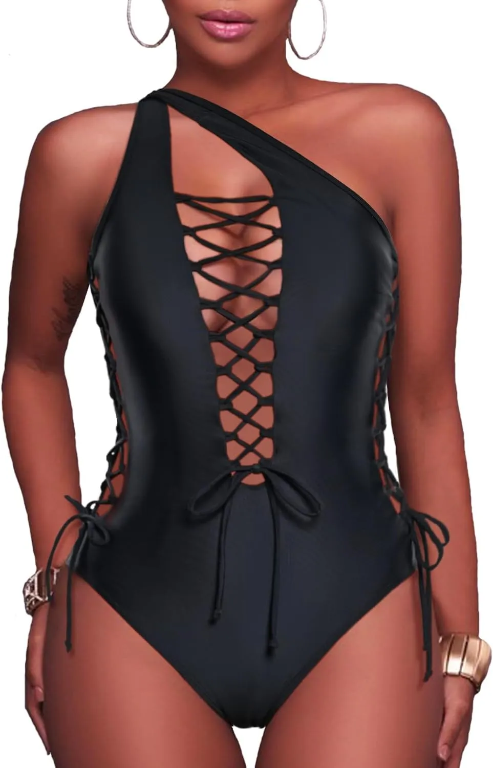 Holipick Women Sexy One Piece Swimsuit One Shoulder Bathing Suit Lace Up Swimwear Monokini
