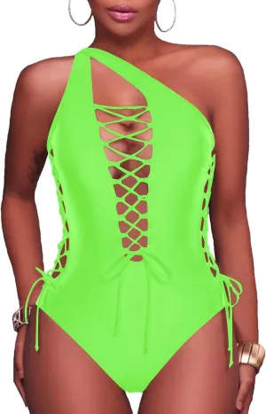 Holipick Women Sexy One Piece Swimsuit One Shoulder Bathing Suit Lace Up Swimwear Monokini