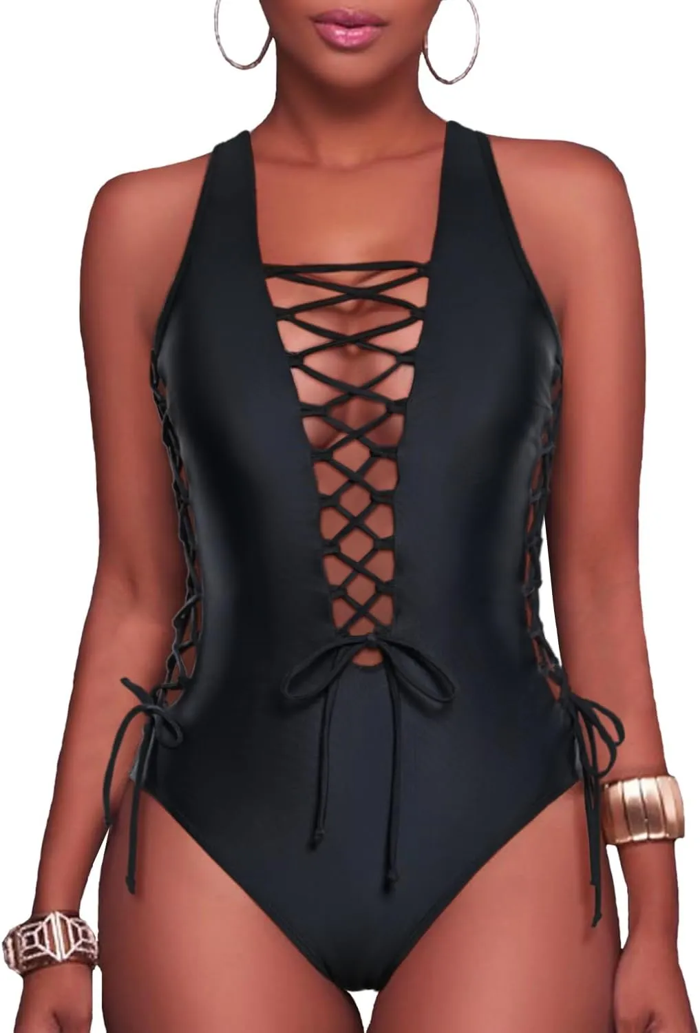 Holipick Women Sexy One Piece Swimsuit One Shoulder Bathing Suit Lace Up Swimwear Monokini