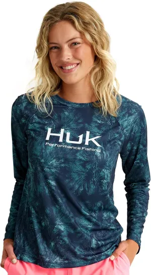 HUK Women's Pursuit Patterned Crew Sleeve, Performance Shirt