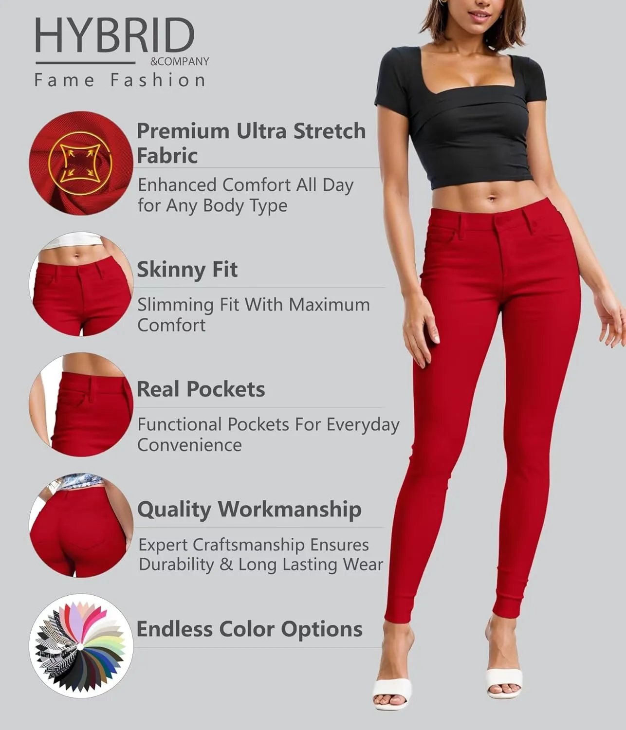 Hybrid & Company Womens Hyper Ultra Stretch Comfy Skinny Leg Work Casual Pants