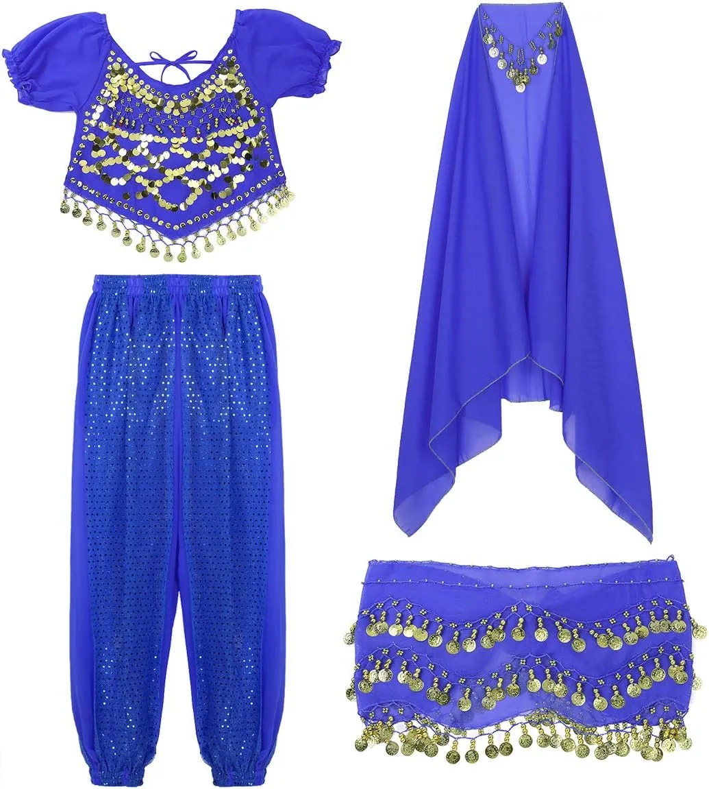 India Belly Dance Costume for Womens Sequin Top Harem Pants Hip Scarf Bollywood Fancy Dress Outfits