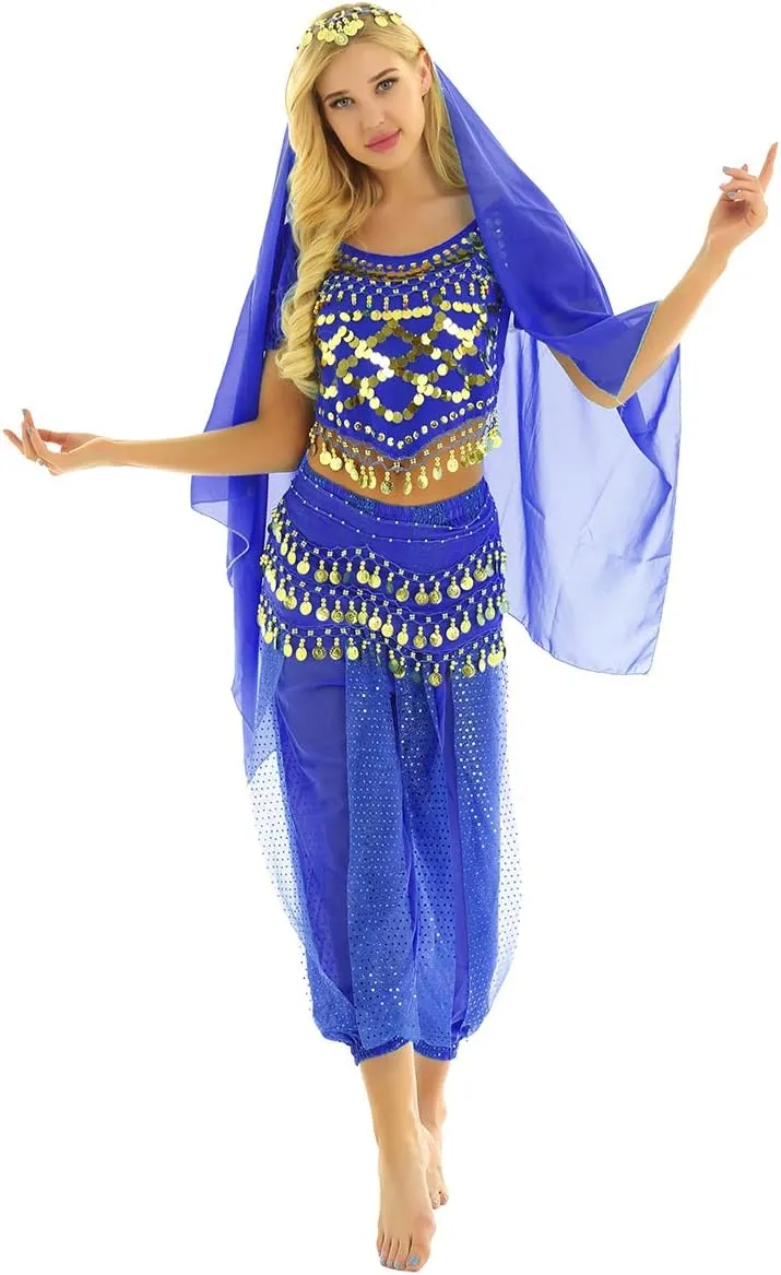 India Belly Dance Costume for Womens Sequin Top Harem Pants Hip Scarf Bollywood Fancy Dress Outfits