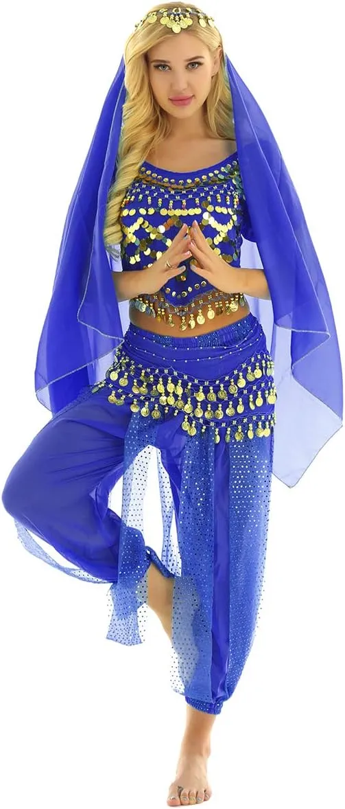 India Belly Dance Costume for Womens Sequin Top Harem Pants Hip Scarf Bollywood Fancy Dress Outfits
