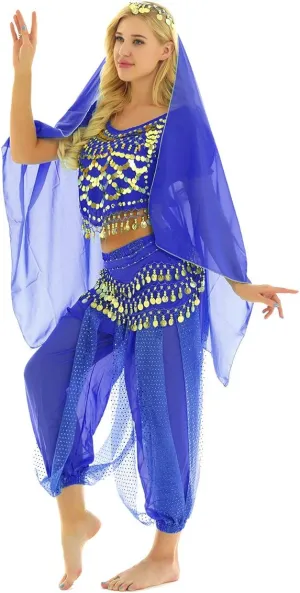 India Belly Dance Costume for Womens Sequin Top Harem Pants Hip Scarf Bollywood Fancy Dress Outfits