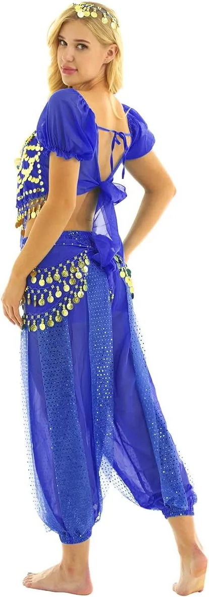 India Belly Dance Costume for Womens Sequin Top Harem Pants Hip Scarf Bollywood Fancy Dress Outfits