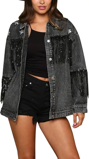 InterNos Womens Oversized Sequin Sparkly Fringe Tassel Jean Jacket Distressed Denim Jacket