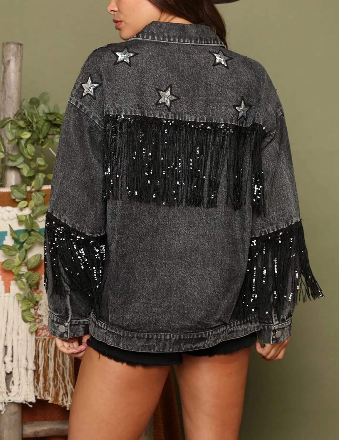 InterNos Womens Oversized Sequin Sparkly Fringe Tassel Jean Jacket Distressed Denim Jacket