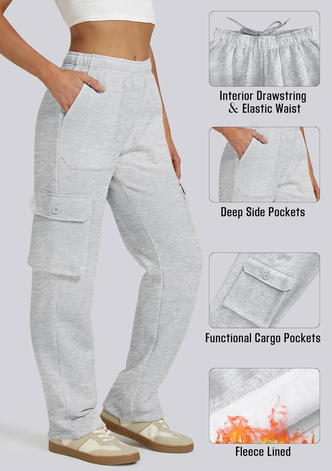 IVIR Womens Cargo Sweatpants Fleece Lined Wide Leg High Waisted Pants S-XXL