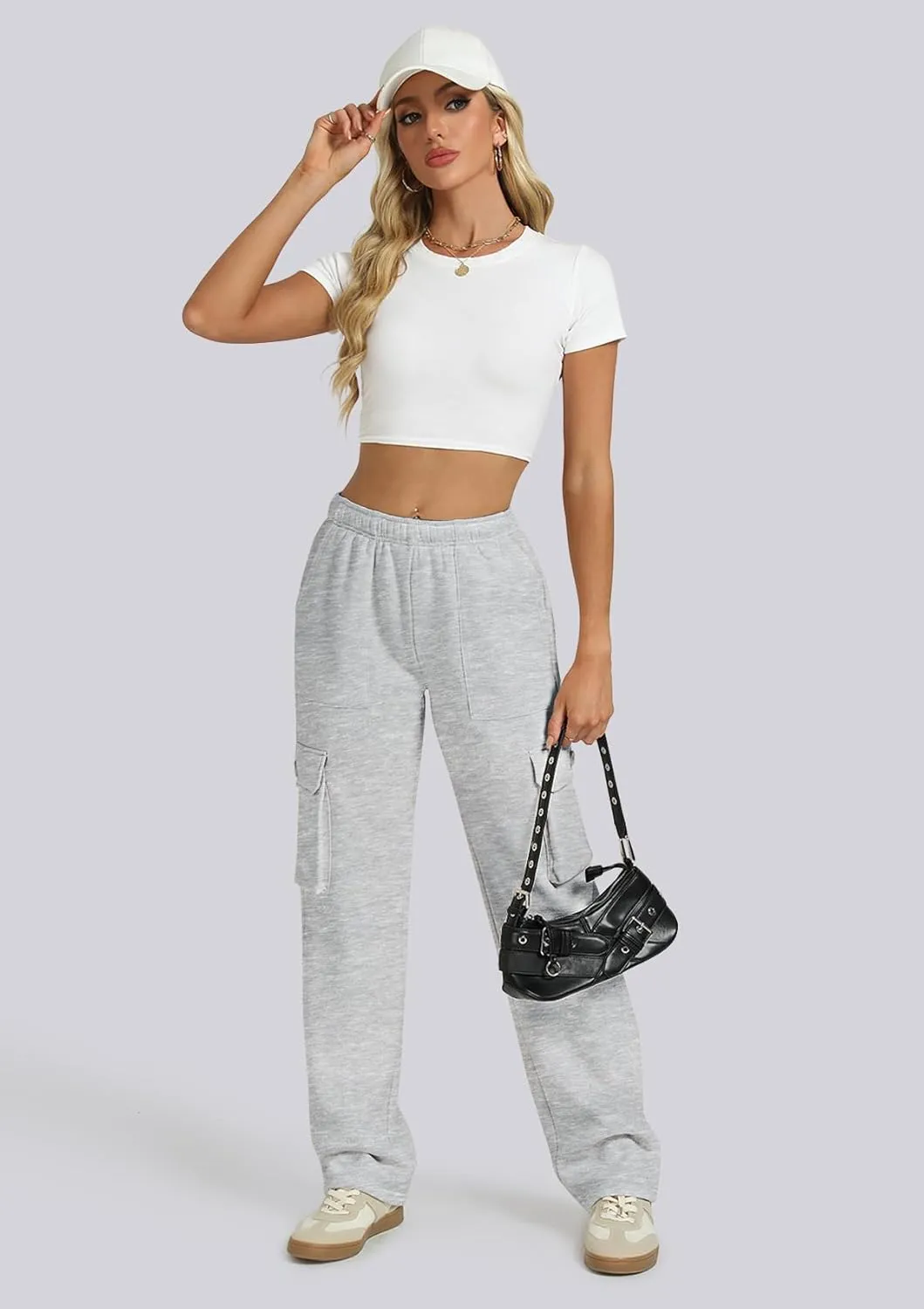 IVIR Womens Cargo Sweatpants Fleece Lined Wide Leg High Waisted Pants S-XXL