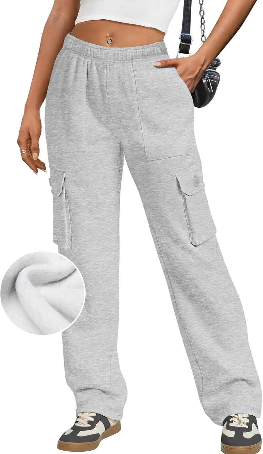 IVIR Womens Cargo Sweatpants Fleece Lined Wide Leg High Waisted Pants S-XXL