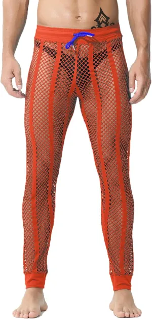 JINSHI Men's Fishnet Lounge Long Pant Sexy See Through Mesh Drawstring Loose Pajama Bottom Legging Muscle Underpants Swimwear