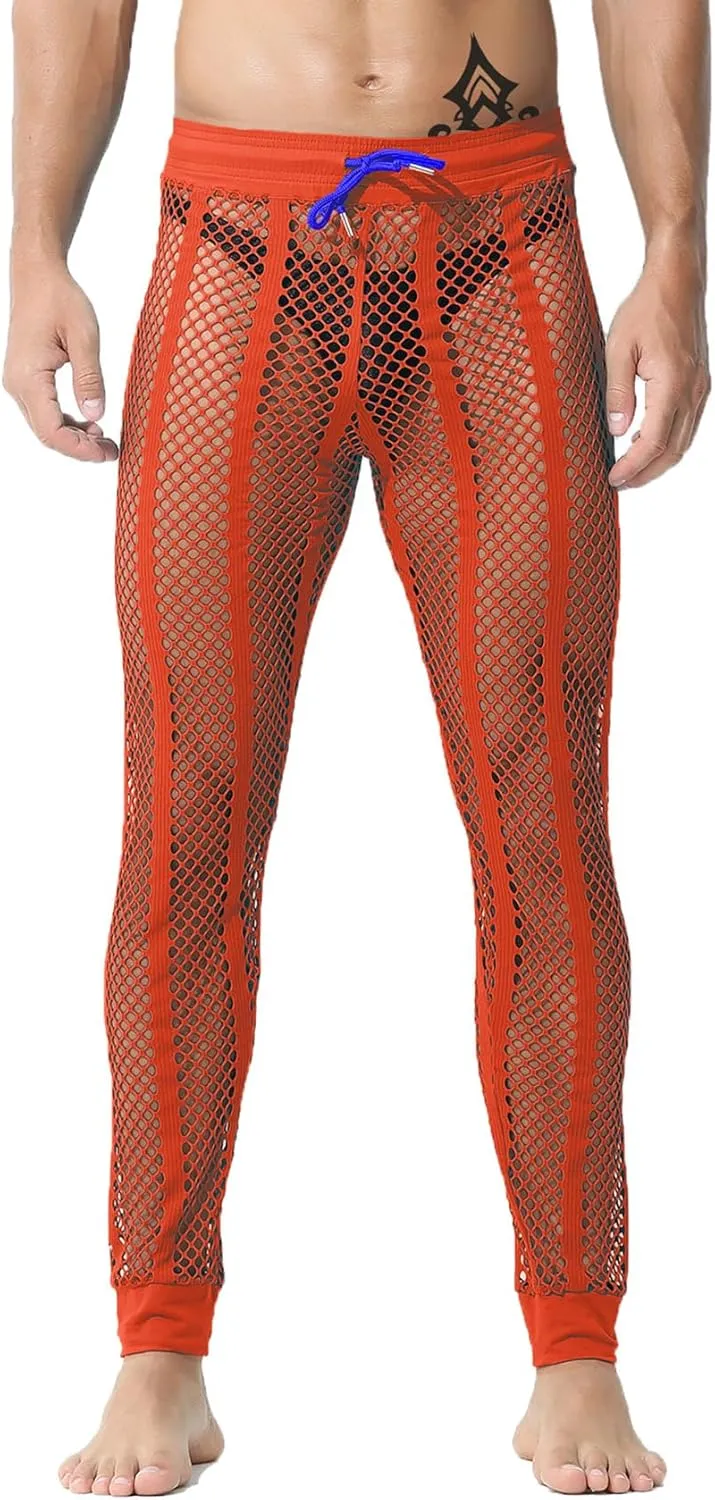 JINSHI Men's Fishnet Lounge Long Pant Sexy See Through Mesh Drawstring Loose Pajama Bottom Legging Muscle Underpants Swimwear