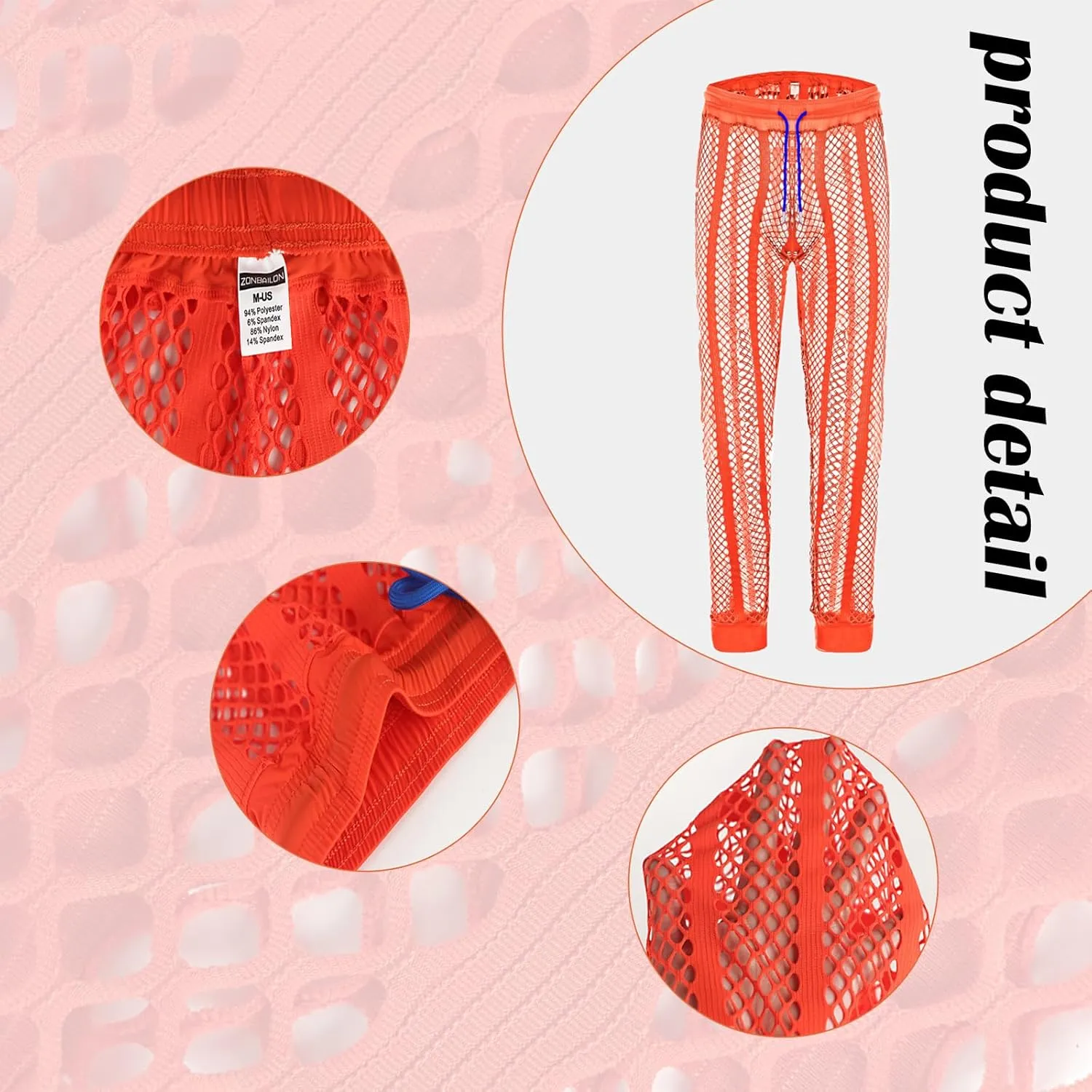 JINSHI Men's Fishnet Lounge Long Pant Sexy See Through Mesh Drawstring Loose Pajama Bottom Legging Muscle Underpants Swimwear
