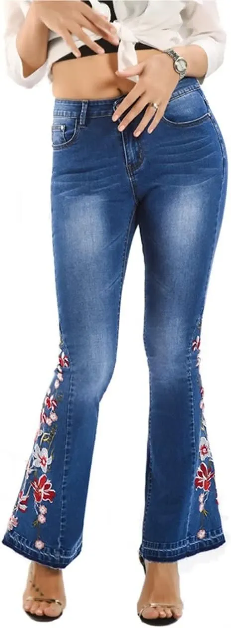 LAFOURAM Bell Bottom Jeans for Women High Waist Flared Wide Leg Floral Embroidered Denim Pants