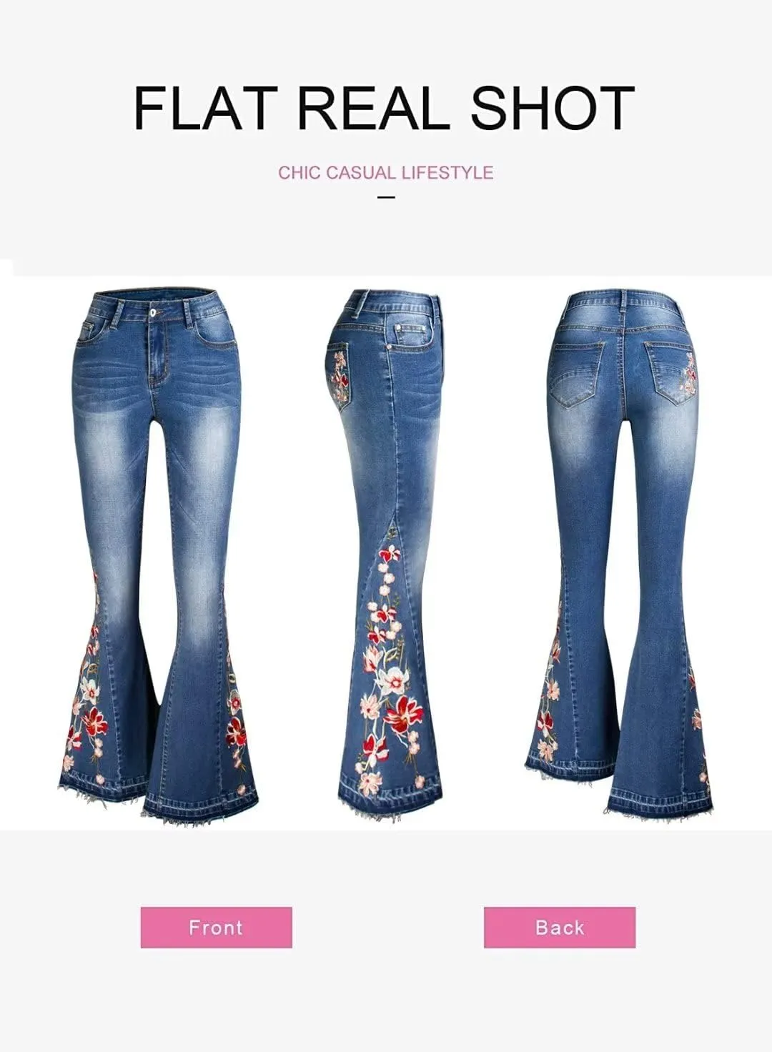 LAFOURAM Bell Bottom Jeans for Women High Waist Flared Wide Leg Floral Embroidered Denim Pants