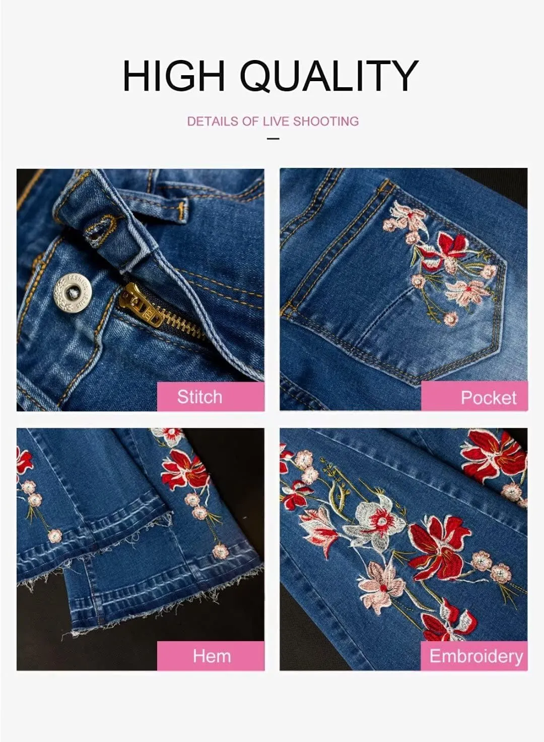 LAFOURAM Bell Bottom Jeans for Women High Waist Flared Wide Leg Floral Embroidered Denim Pants