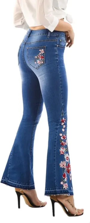 LAFOURAM Bell Bottom Jeans for Women High Waist Flared Wide Leg Floral Embroidered Denim Pants