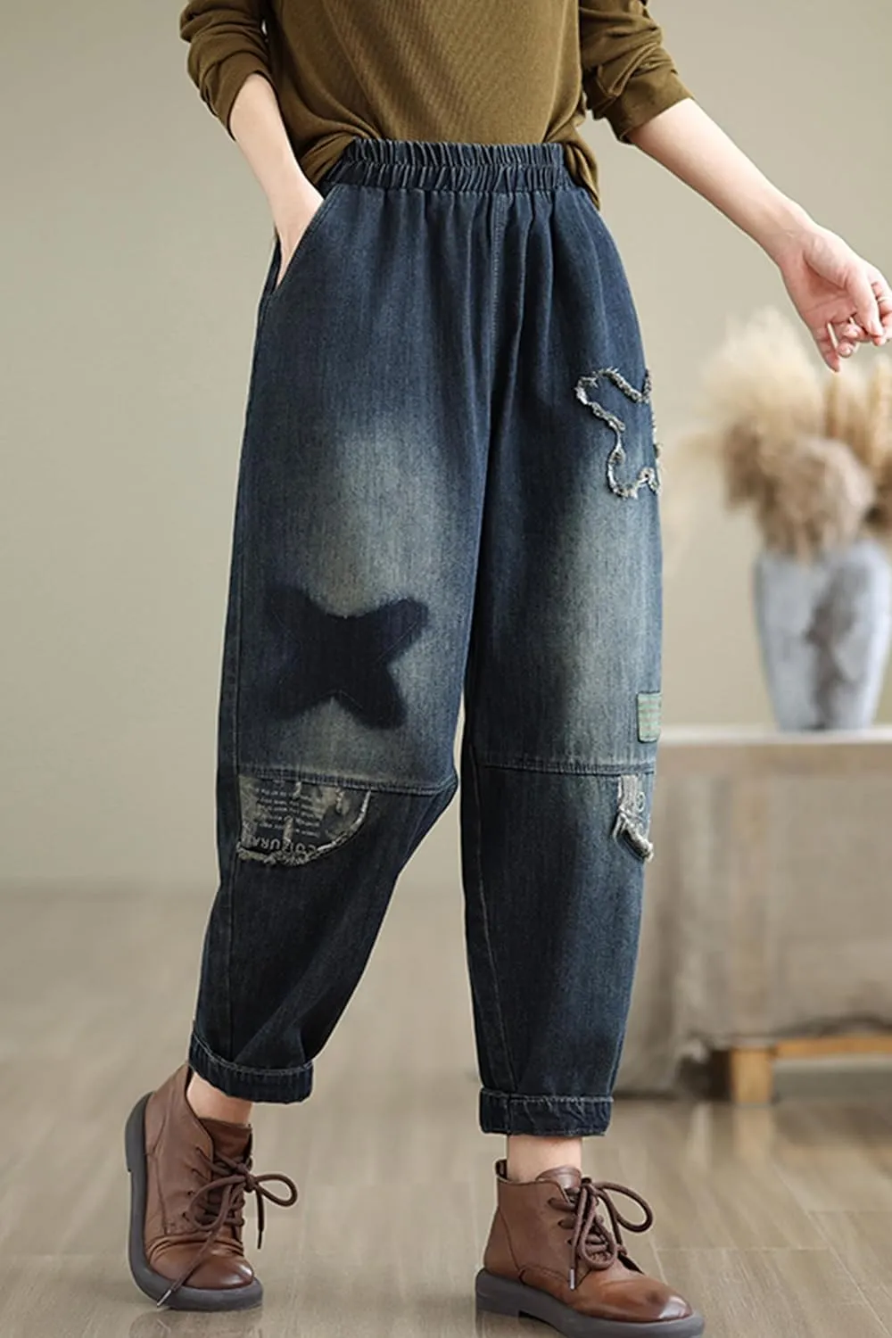 LAI MENG FIVE CATS Women's Baggy Jeans Pattern Elastic Waist Casual Harem Pants with Pockets
