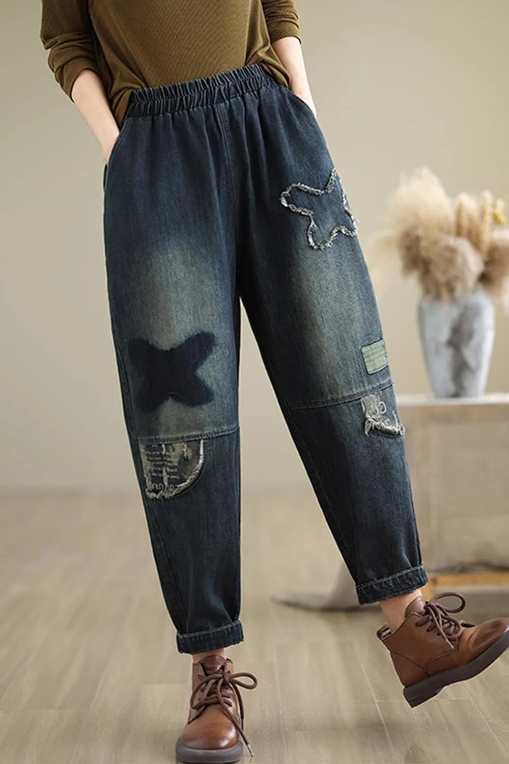 LAI MENG FIVE CATS Women's Baggy Jeans Pattern Elastic Waist Casual Harem Pants with Pockets