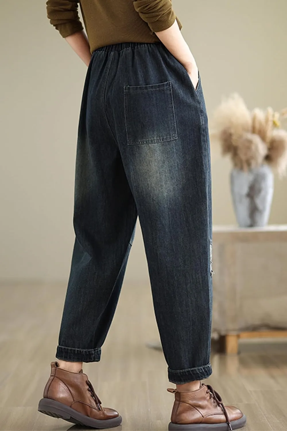 LAI MENG FIVE CATS Women's Baggy Jeans Pattern Elastic Waist Casual Harem Pants with Pockets