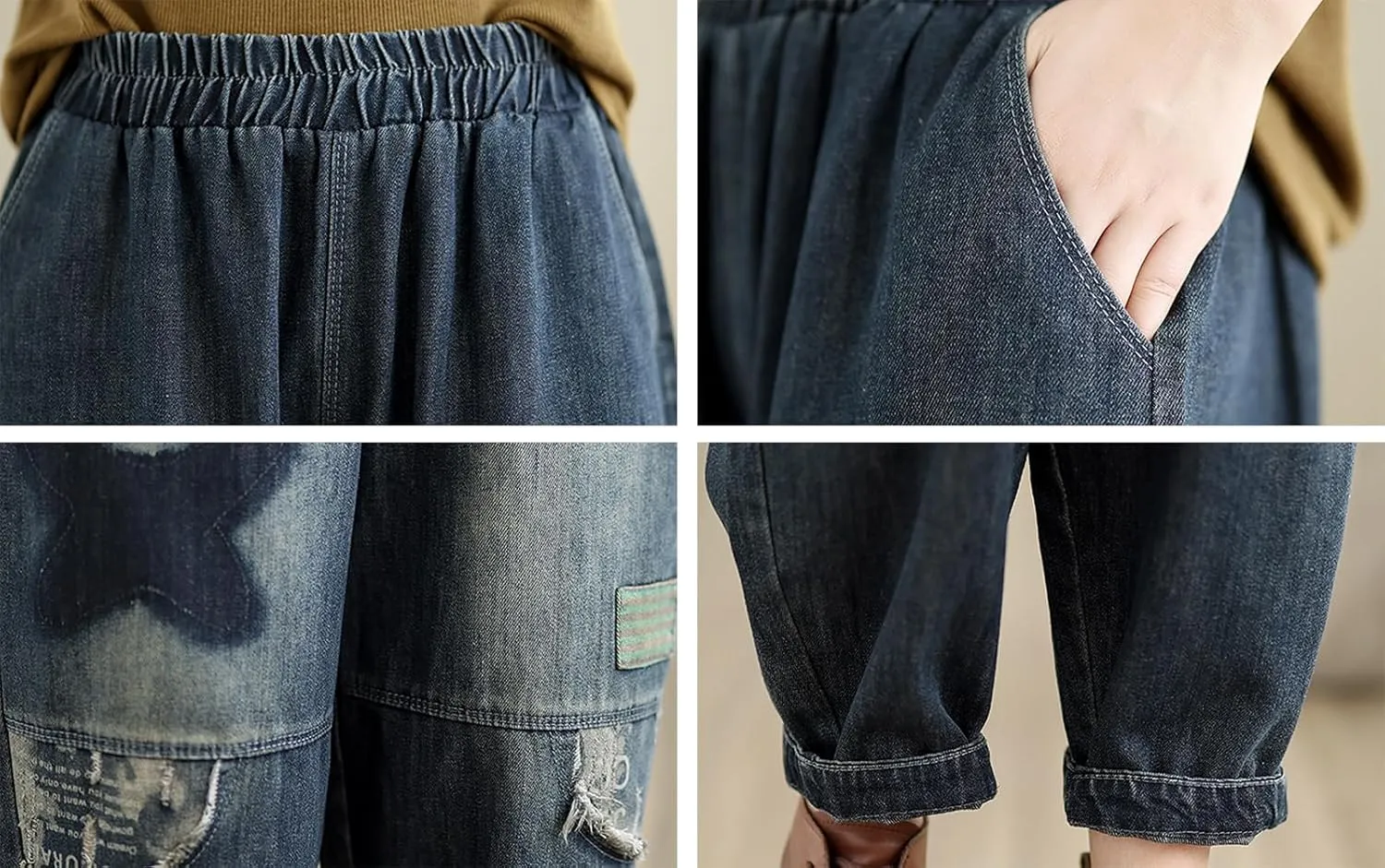 LAI MENG FIVE CATS Women's Baggy Jeans Pattern Elastic Waist Casual Harem Pants with Pockets