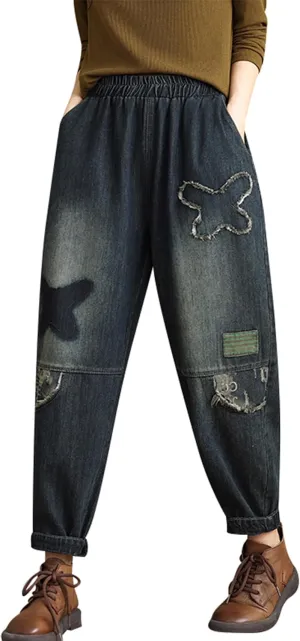 LAI MENG FIVE CATS Women's Baggy Jeans Pattern Elastic Waist Casual Harem Pants with Pockets