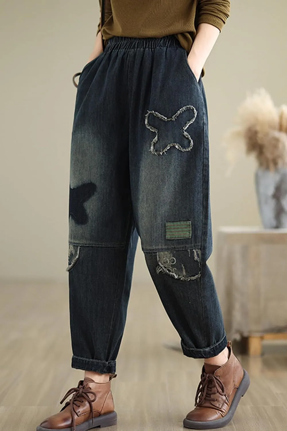 LAI MENG FIVE CATS Women's Baggy Jeans Pattern Elastic Waist Casual Harem Pants with Pockets