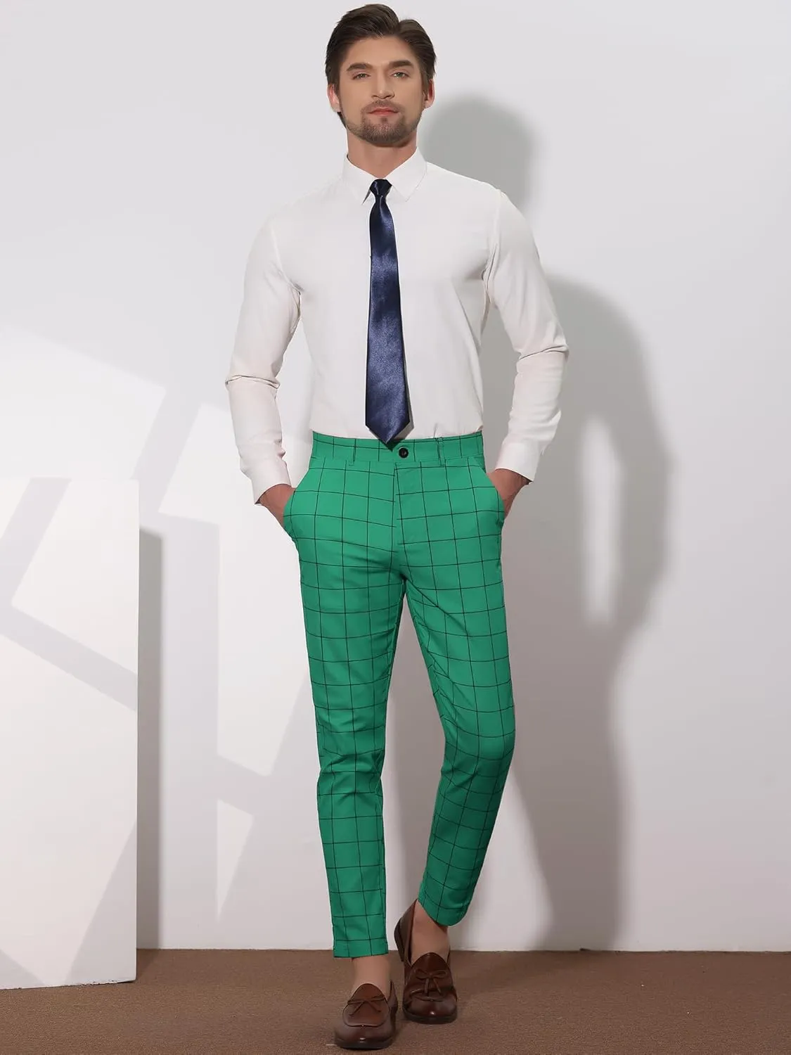 Lars Amadeus Men's Dress Plaid Slim Fit Flat Front Business Pants with Pockets