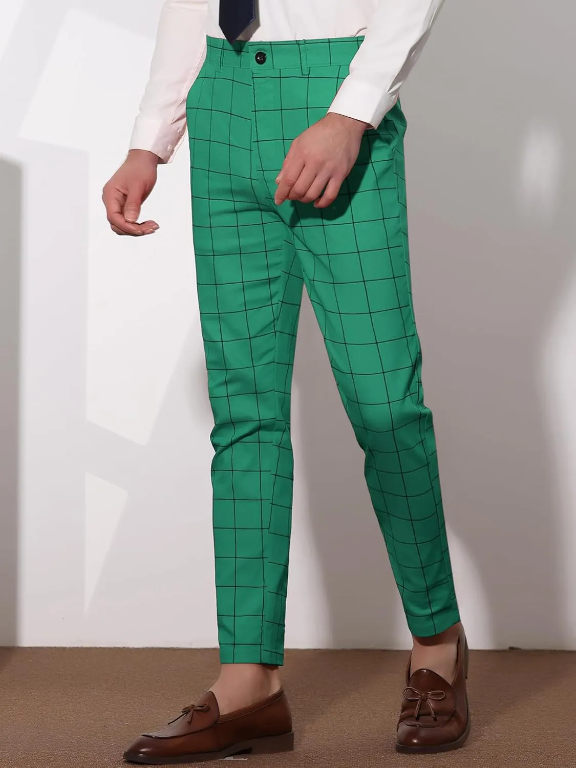 Lars Amadeus Men's Dress Plaid Slim Fit Flat Front Business Pants with Pockets