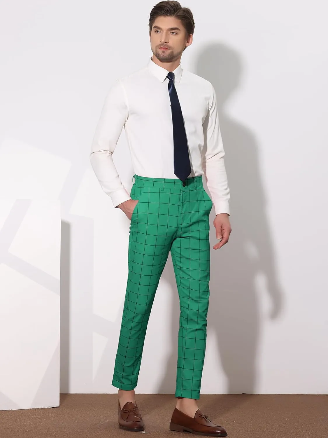 Lars Amadeus Men's Dress Plaid Slim Fit Flat Front Business Pants with Pockets