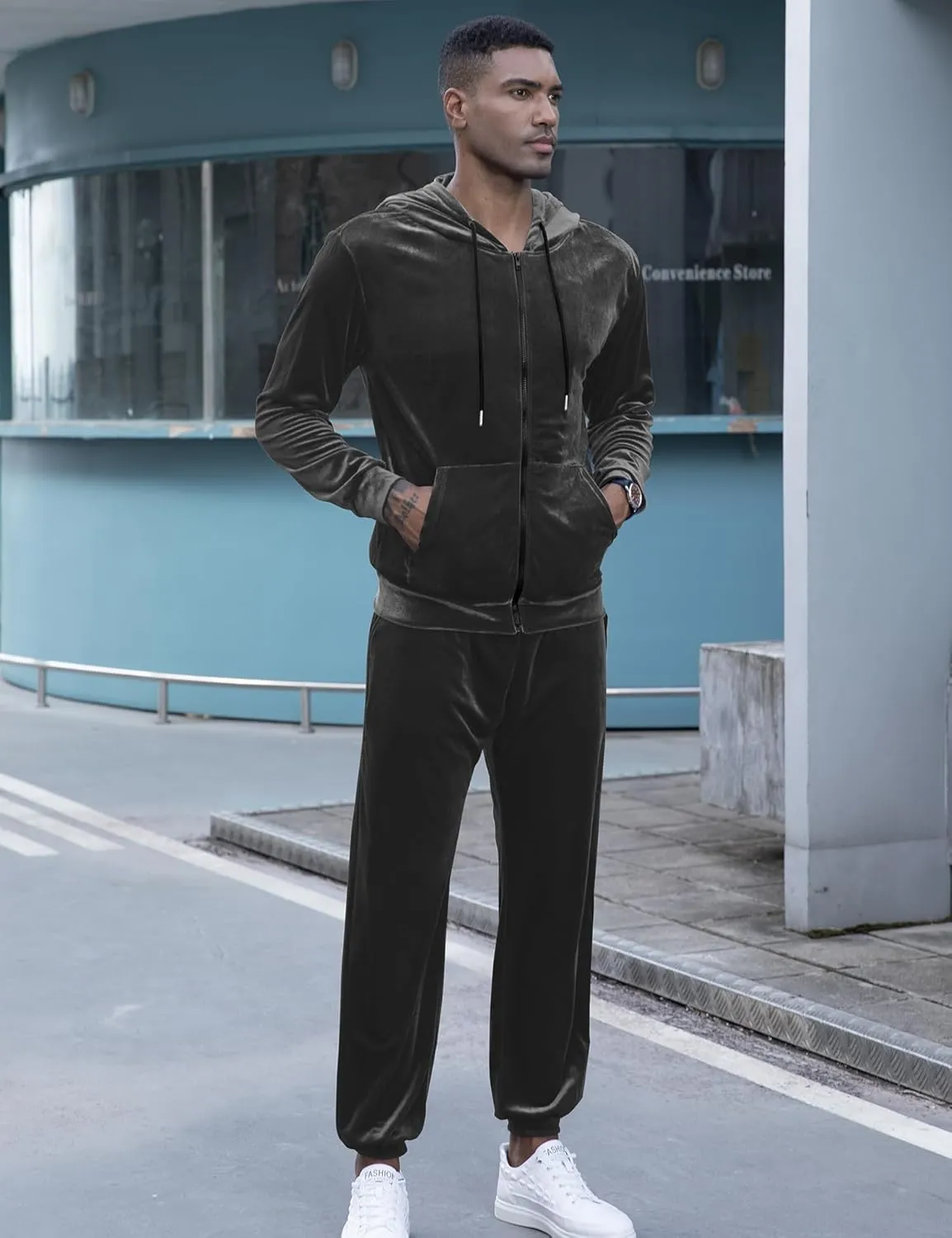 LecGee Mens Tracksuit Long Sleeve Full Zip Velour Hoodie Jacket Jogger Sweatpants Casual Velvet Sweatsuits Set M-3XL