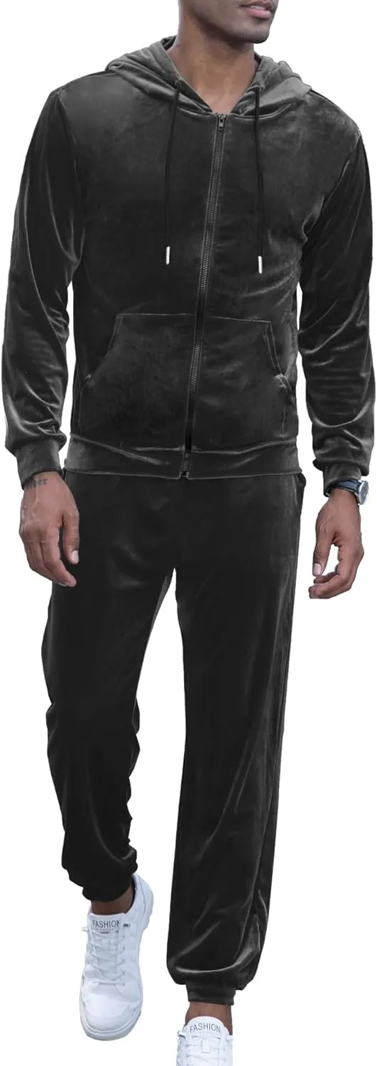 LecGee Mens Tracksuit Long Sleeve Full Zip Velour Hoodie Jacket Jogger Sweatpants Casual Velvet Sweatsuits Set M-3XL