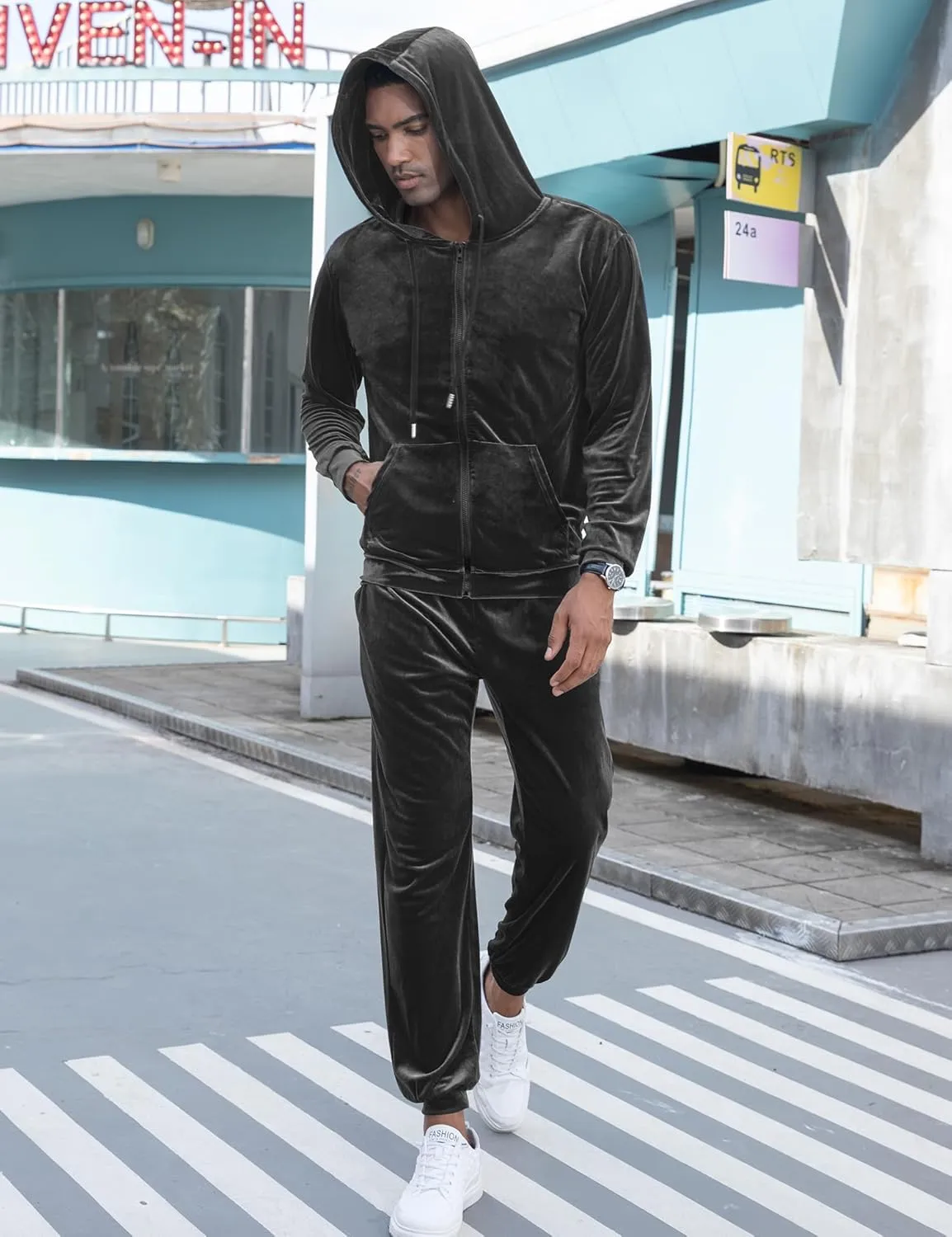 LecGee Mens Tracksuit Long Sleeve Full Zip Velour Hoodie Jacket Jogger Sweatpants Casual Velvet Sweatsuits Set M-3XL