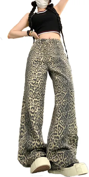 Leopard Print Jeans for Women Men - Y2k Aesthetic Cargo Pants, Baggy Wide Leg, Small