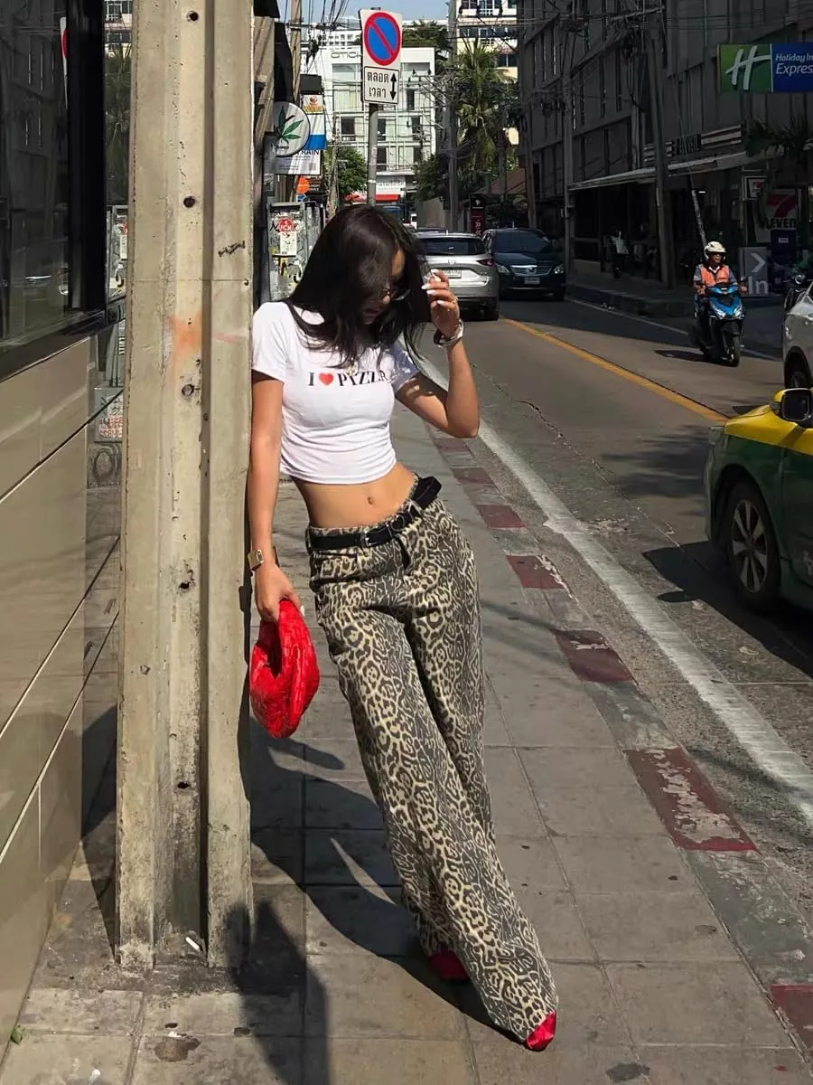 Leopard Print Jeans for Women Men - Y2k Aesthetic Cargo Pants, Baggy Wide Leg, Small