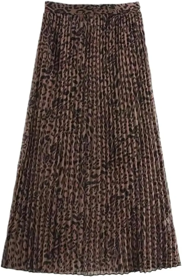 Leopard Print Pleated Long Midi Skirt with Side Zipper and High Waist for Women