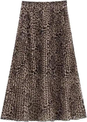 Leopard Print Pleated Long Midi Skirt with Side Zipper and High Waist for Women