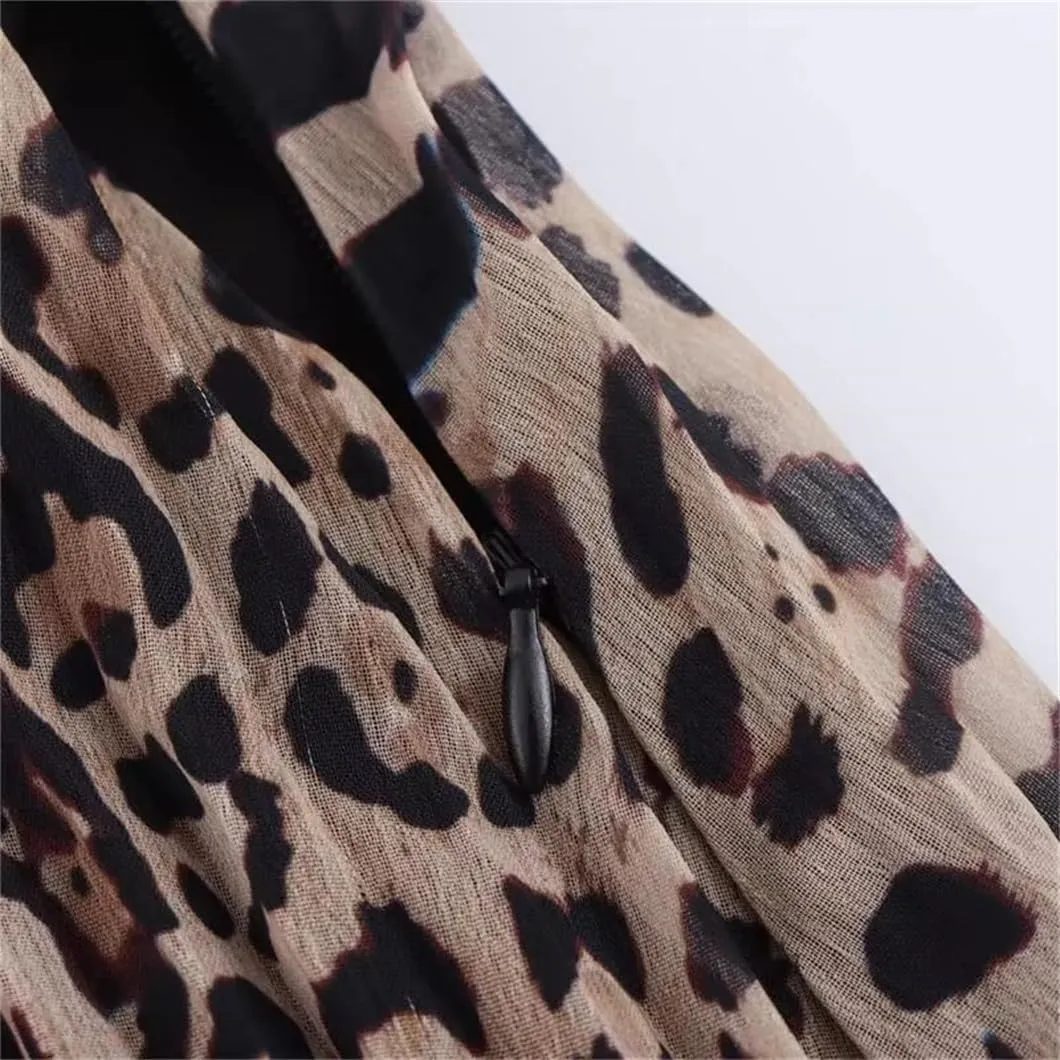 Leopard Print Pleated Long Midi Skirt with Side Zipper and High Waist for Women