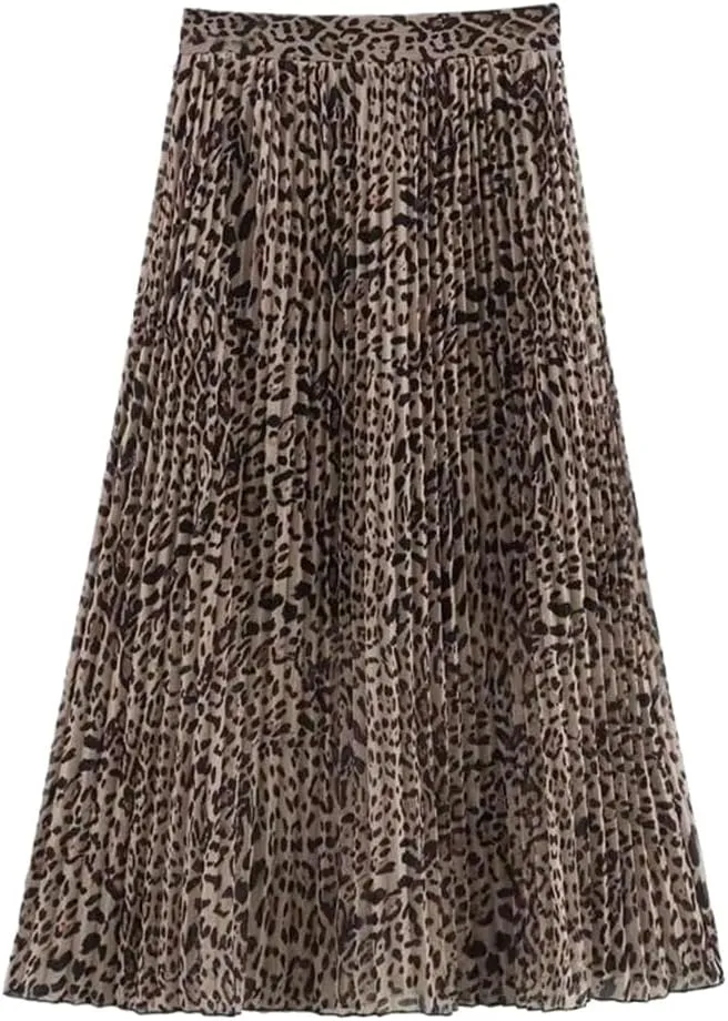 Leopard Print Pleated Long Midi Skirt with Side Zipper and High Waist for Women