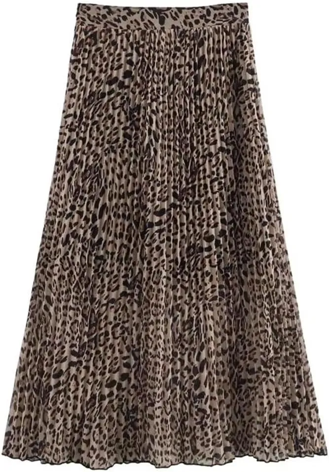 Leopard Print Pleated Long Midi Skirt with Side Zipper and High Waist for Women