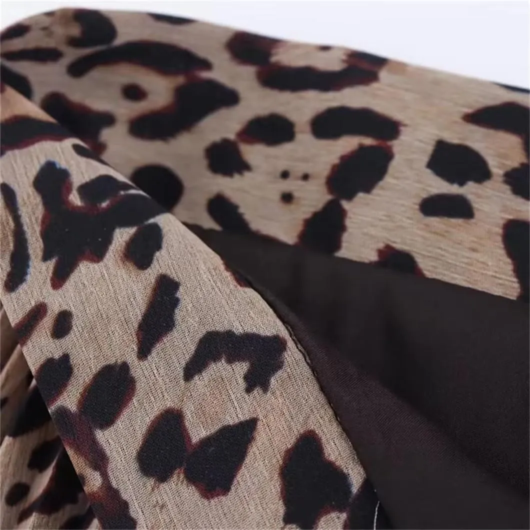 Leopard Print Pleated Long Midi Skirt with Side Zipper and High Waist for Women