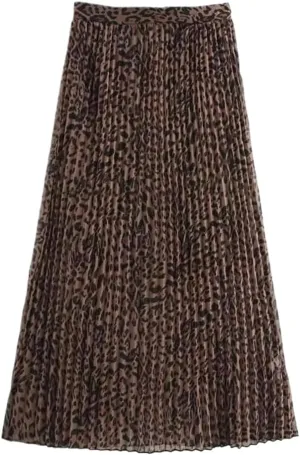 Leopard Print Pleated Long Midi Skirt with Side Zipper and High Waist for Women