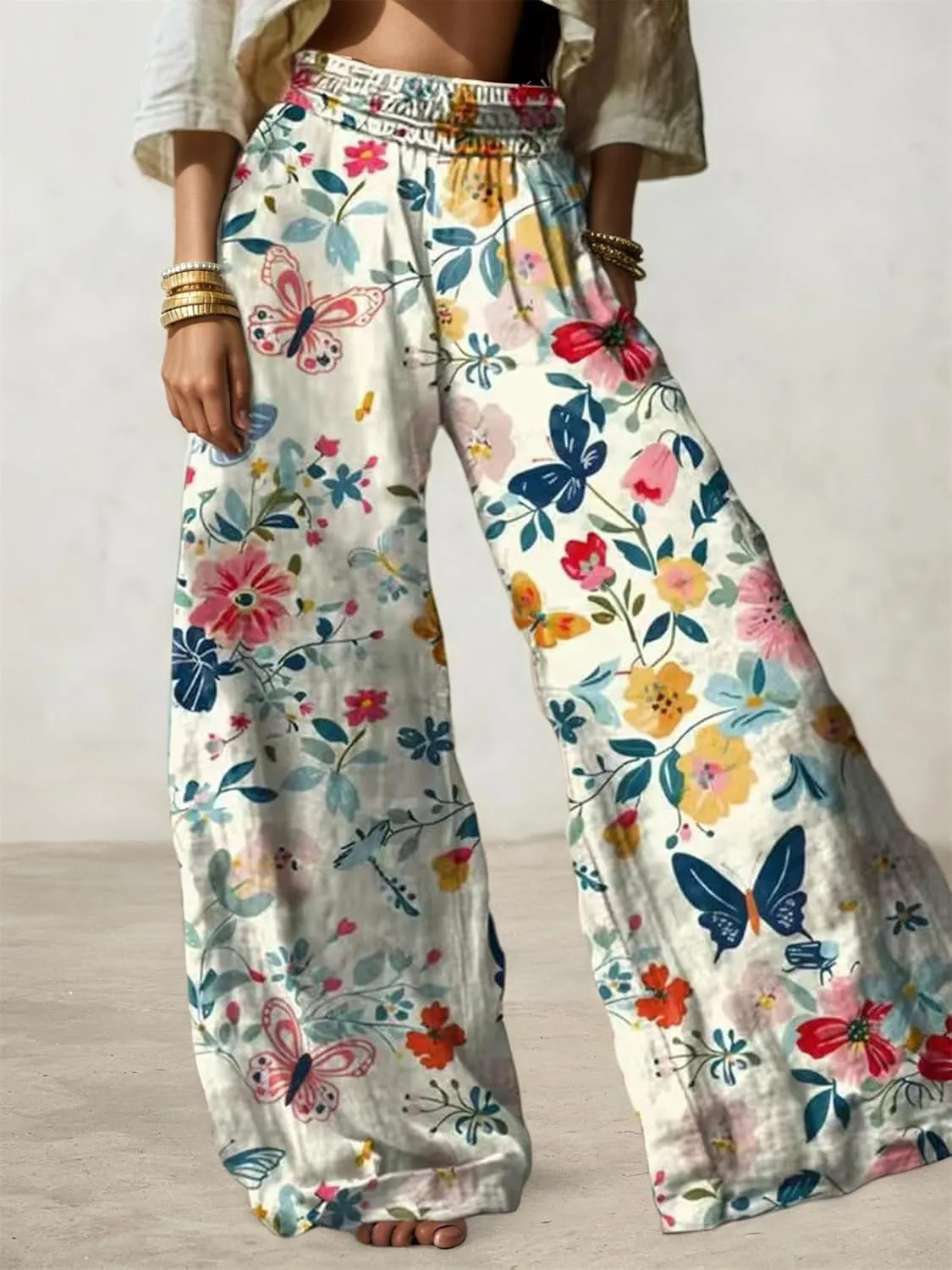 Linen Pants for Women Wide Leg High Elastic Waist Palazzo Pants Floral Summer Flowy Trousers with Pockets