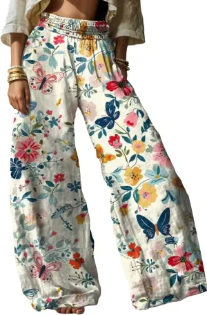 Linen Pants for Women Wide Leg High Elastic Waist Palazzo Pants Floral Summer Flowy Trousers with Pockets